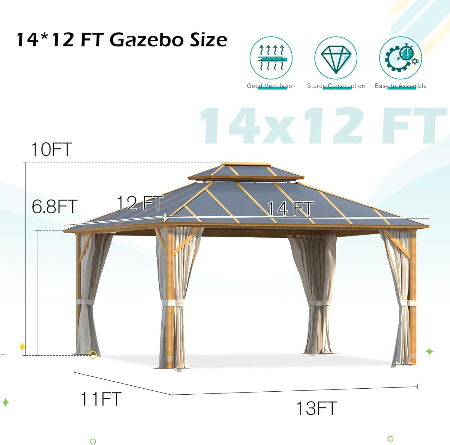 Homrest 12' x 14' Gazebo Outdoor Double Roof Aluminum Composite Canopy Aluminum Frame Pavilion with Curtains and Netting
