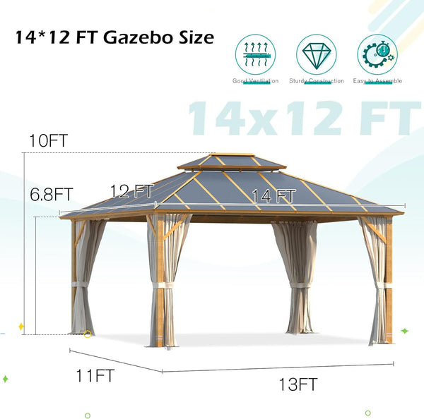 Homrest 12' x 14' Gazebo Outdoor Double Roof Aluminum Composite Canopy Aluminum Frame Pavilion with Curtains and Netting for Patio Lawn Garden Backyard