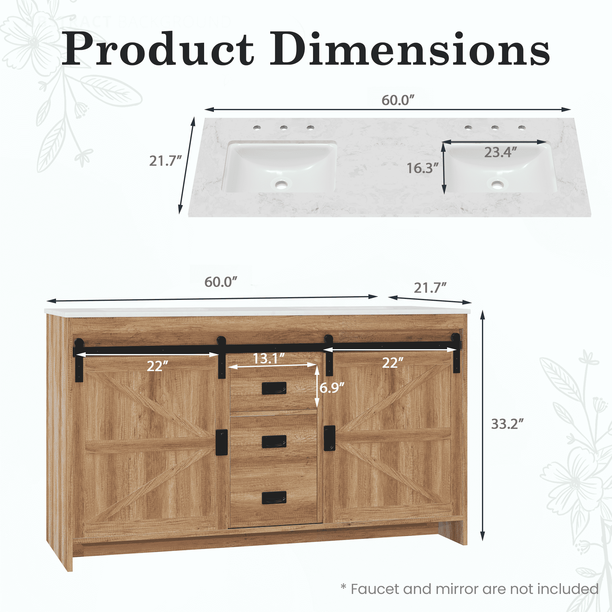 HOMREST 60" Farmhouse Double Bathroom Vanity with engineered stone top, Sliding Barn Door Sink Vanity, Brown