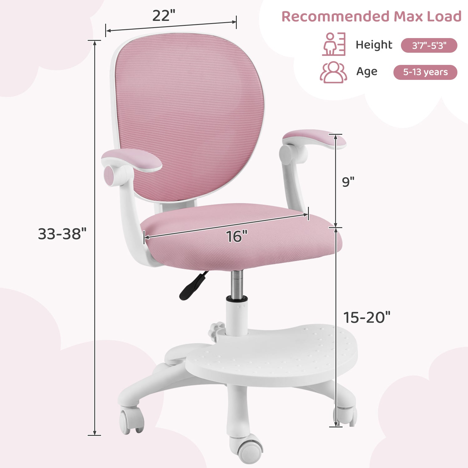 HOMREST Kids Desk Chair,Ergonomic Study Chairs with Adjustable Height,Breathable Mesh Removable,Non-Slip Footrests, Pink