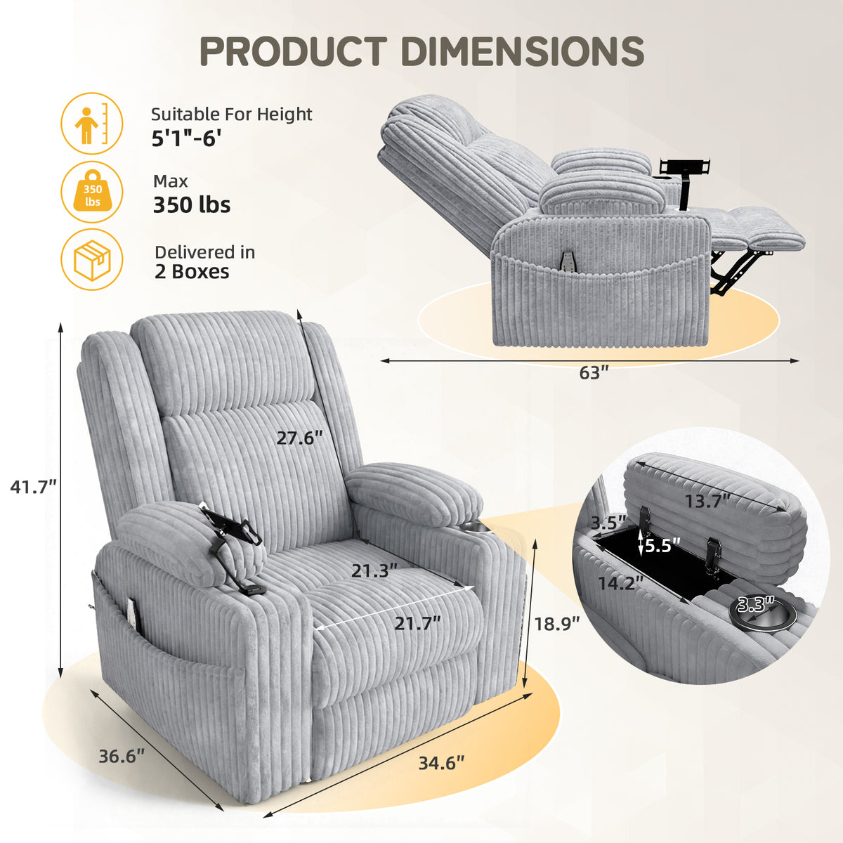 HOMREST Power Oversized Swivel Rocker Recliner with Massage and Heat, Nursery Rocking Chairs for Living Room, Grey