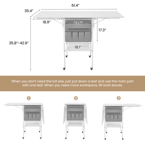 HOMREST Height Adjustable Craft Table with Storage Shelves, Mobile Folding Cutting Table for Large Fabric, Foldable Sewing Desk for Home Office Sewing Room Craft Room