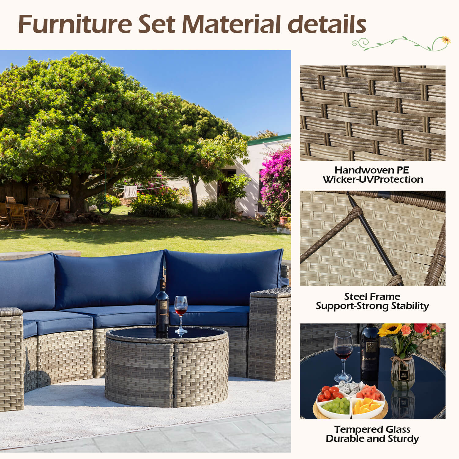 HOMREST Outdoor Patio Furniture Set, 7-Piece Half-Moon Wicker Patio Sofa Set with Storage Table, Blue