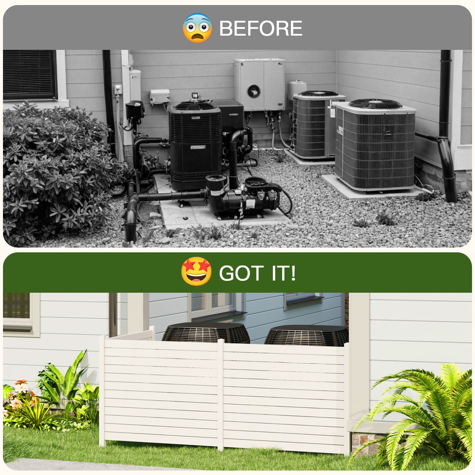 HOMREST Outdoor Privacy Fence, 48in H x 48in W Air Conditioner Fence，No Dig Trash Can Fence, 3 Fence Panels Pool Equipment Enclosure, Horizontal PVC Privacy Screen with 18 in Ground Stakes,White