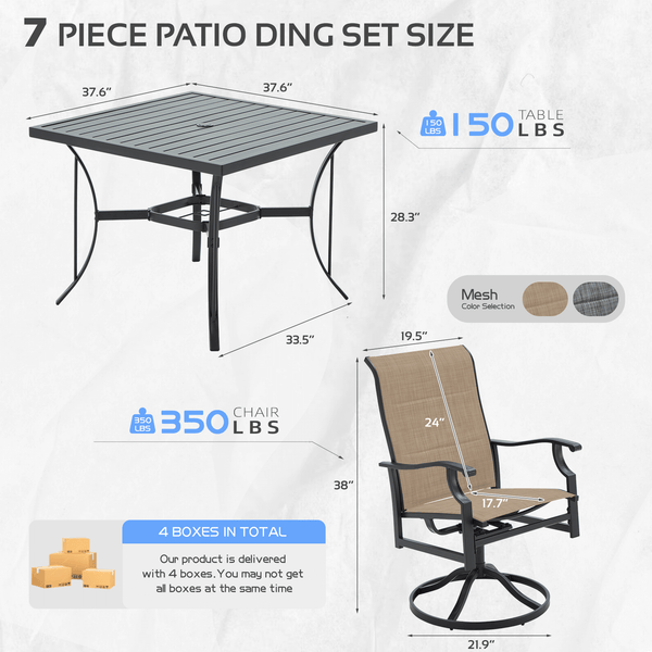 HOMREST 7 Piece Outdoor Patio Dining Set with 6 Swivel Rocker Chairs, Rectangular Metal Table with Umbrella Hole, Brown