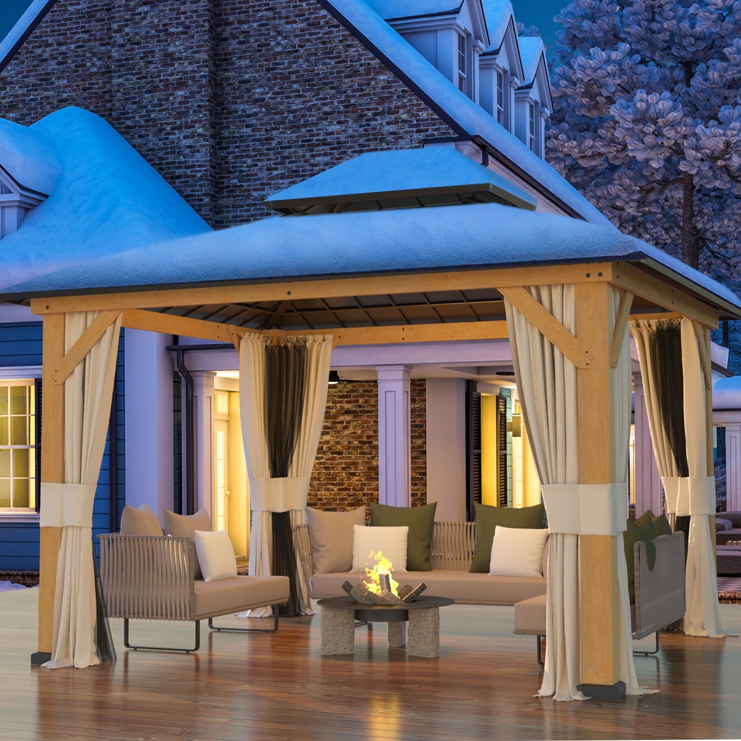 Homrest 11' x 13' Outdoor Cedar Wood Hardtop Gazebo w/ Double Metal Roof, Curtains & Nettings