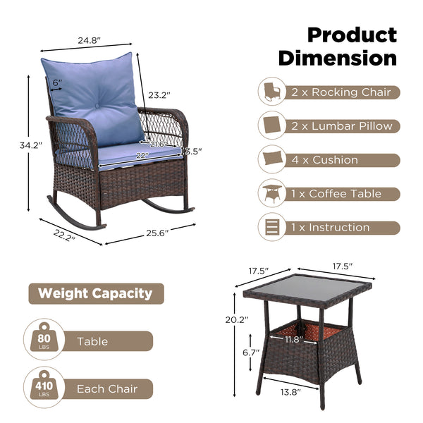 HOMREST 3-Piece Rattan Rocking Bistro Set with Glass Coffee Table for Porch & Garden