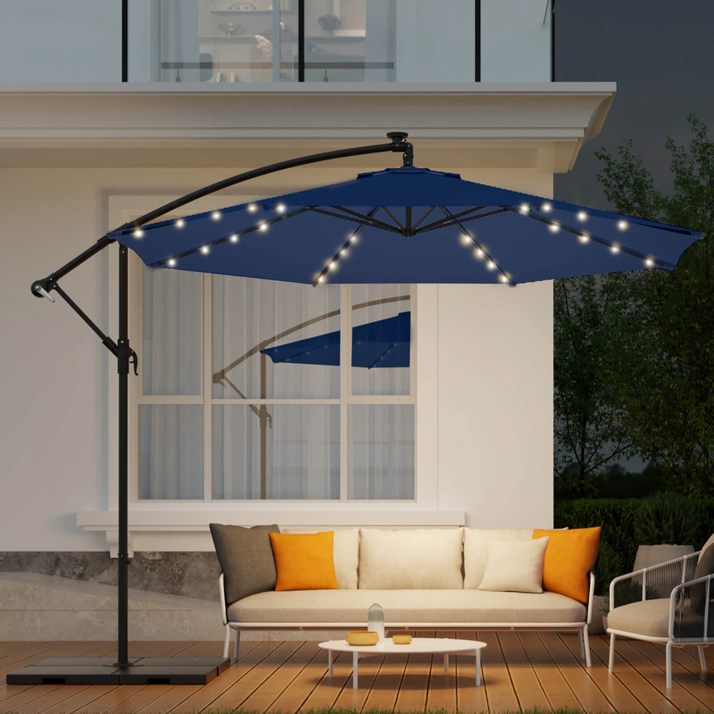 Homrest 10ft Solar Lighted Patio Umbrella, Infinite Tilt, Crank and Cross Base, Navy Blue