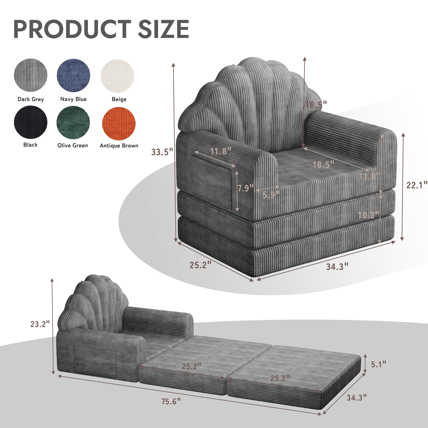 HOMREST 2-in-1 Folding Sofa Bed with Back Support, 75" D x 34" W Convertible Futon Sleeper Chair for Living Room Bedroom Small Spaces, Gray