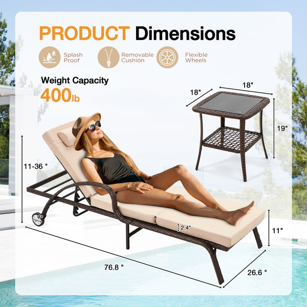 HOMREST 3-Piece Outdoor Chaise Lounge Set with Adjustable Chairs, Storage Table, Khaki