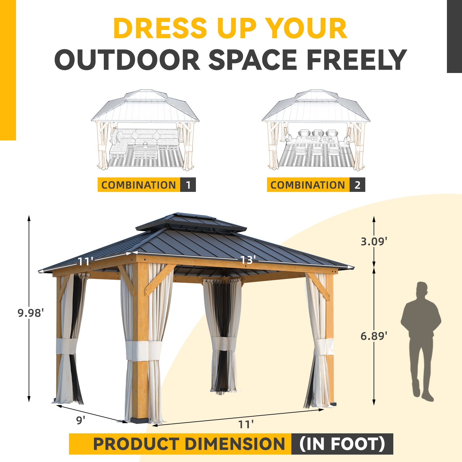 Homrest 11' x 13' Outdoor Cedar Wood Hardtop Gazebo w/ Double Metal Roof, Curtains & Nettings