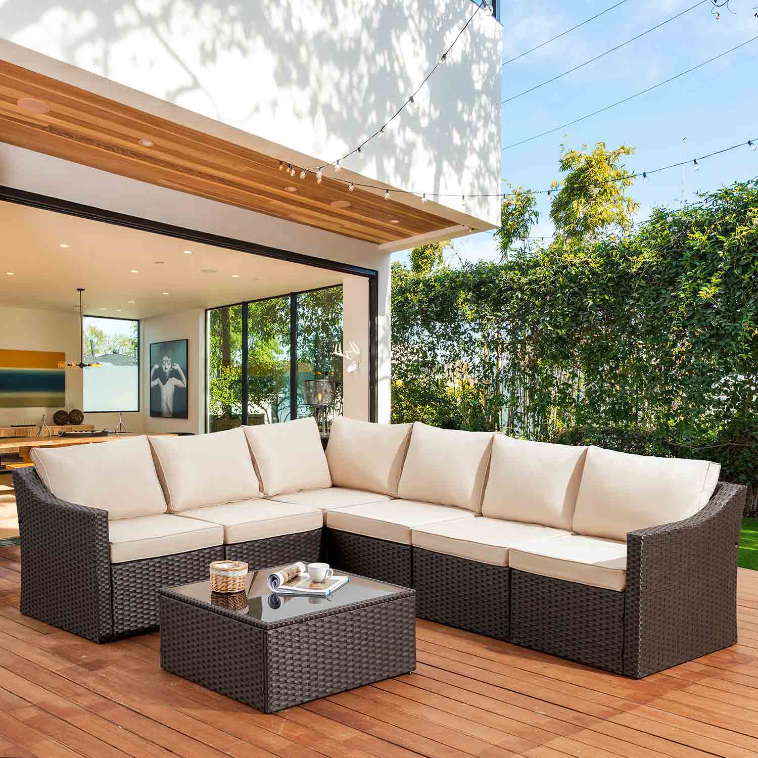 Homrest 7 pcs outdoor rattan sectional sofa with coffee table and cushions, khaki