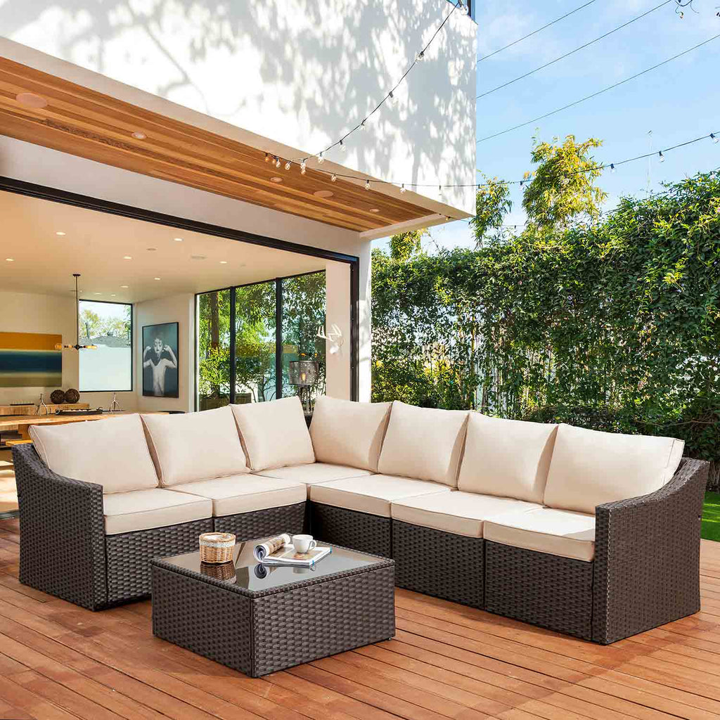 7 Pcs Outdoor Rattan Sectional Sofa w/ Khaki Cushion & Coffee Table