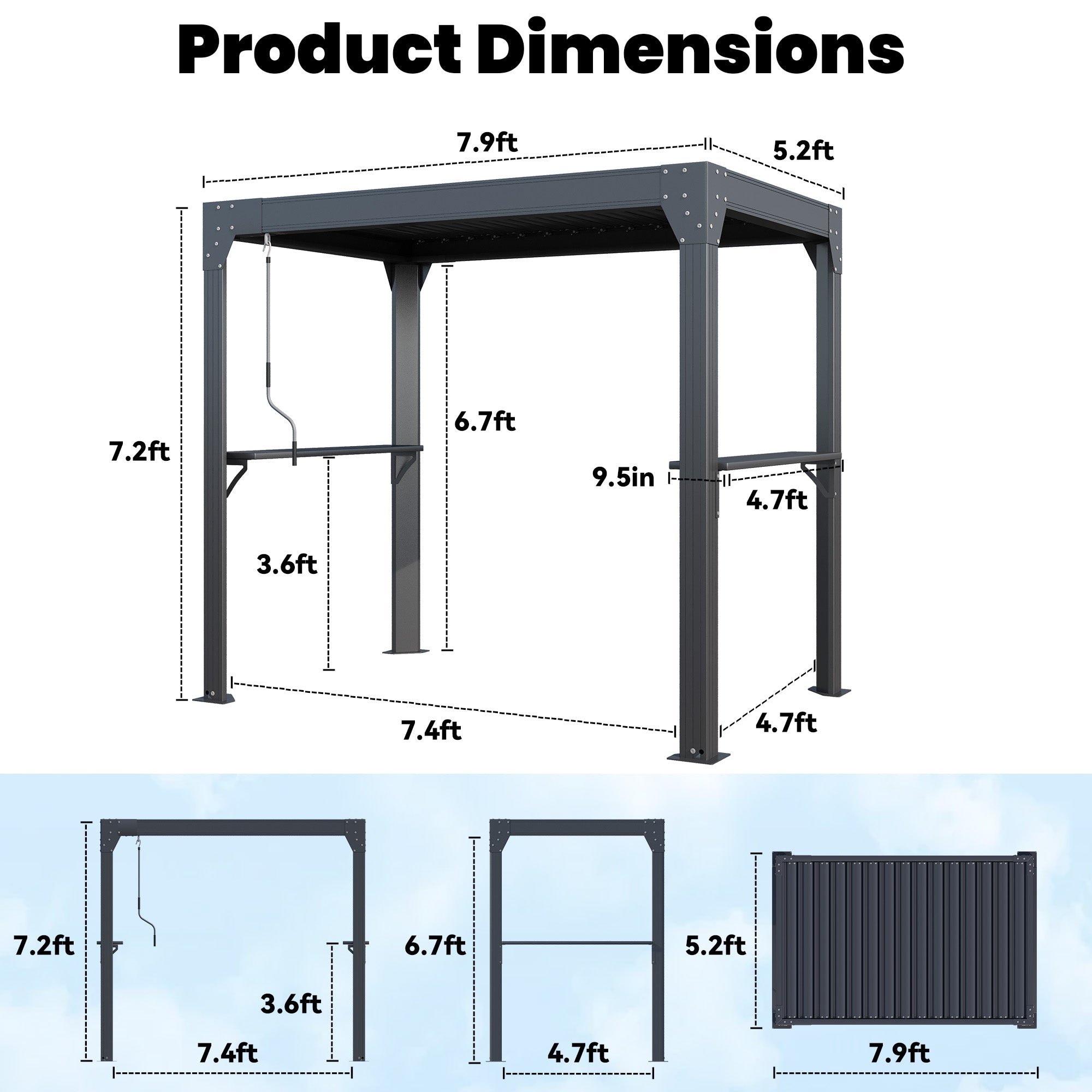 HOMREST 8' x 5' Louvered-Top Aluminum BBQ Grill Gazebo with Gutter & Side Shelves