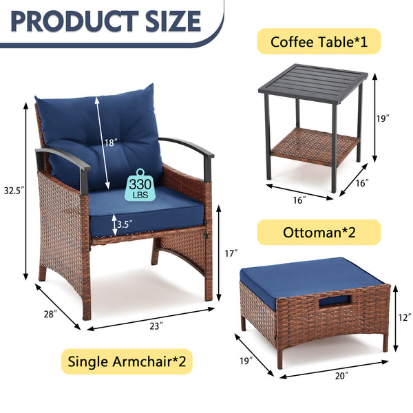 HOMREST 5 Pieces Patio Furniture Set, Outdoor Rattan Chairs with Metal Coffee Table, Ottomans & Soft Cushions, Wicker Conversation Bistro Set, Blue