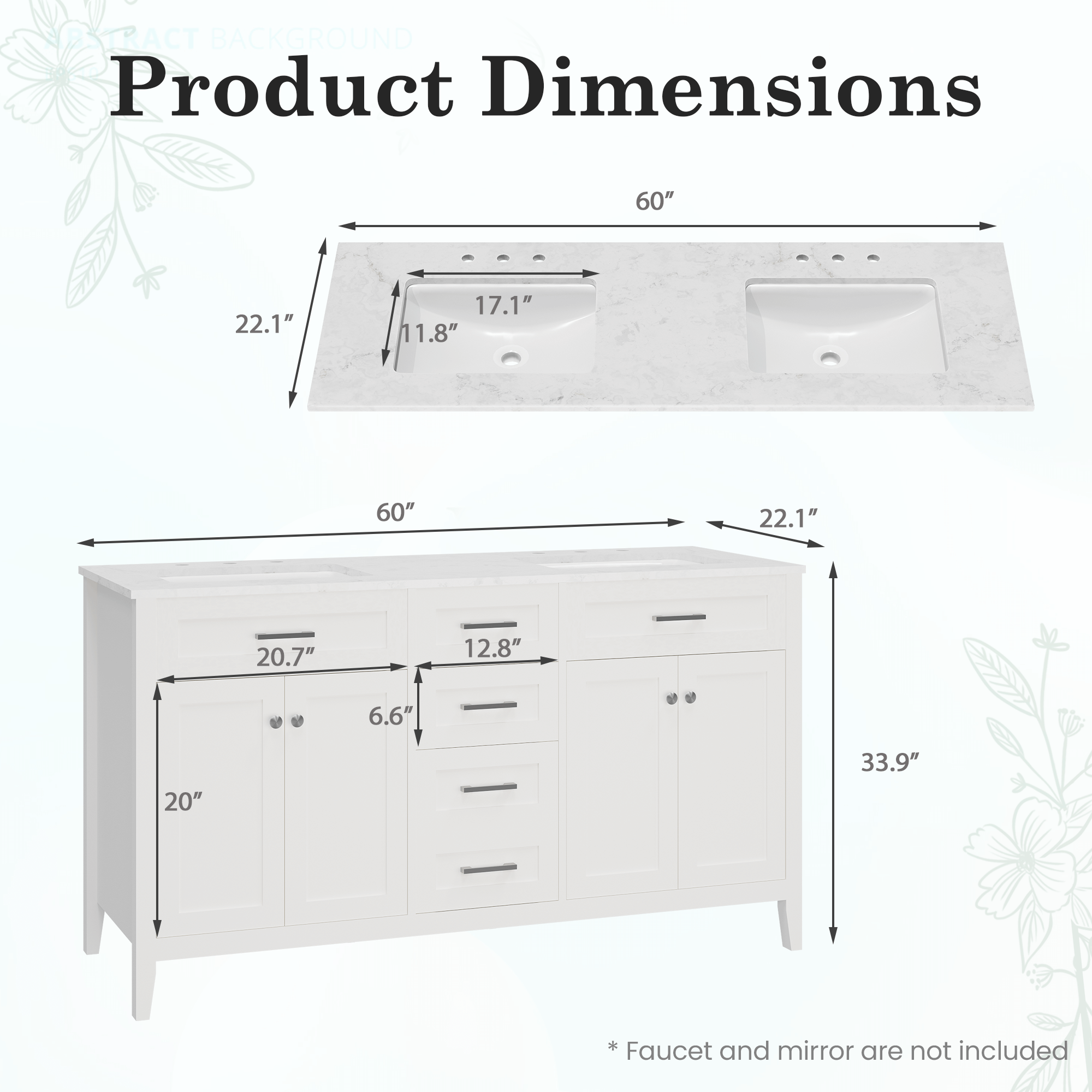 HOMREST 60" Double Bathroom Vanity with Engineered Stone Top, Modern Sink Vanity with Drawers, White