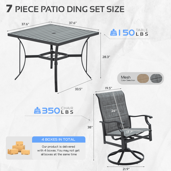 HOMREST 7 Piece Outdoor Patio Dining Set with 6 Swivel Rocker Chairs, Rectangular Metal Table with Umbrella Hole, Gray