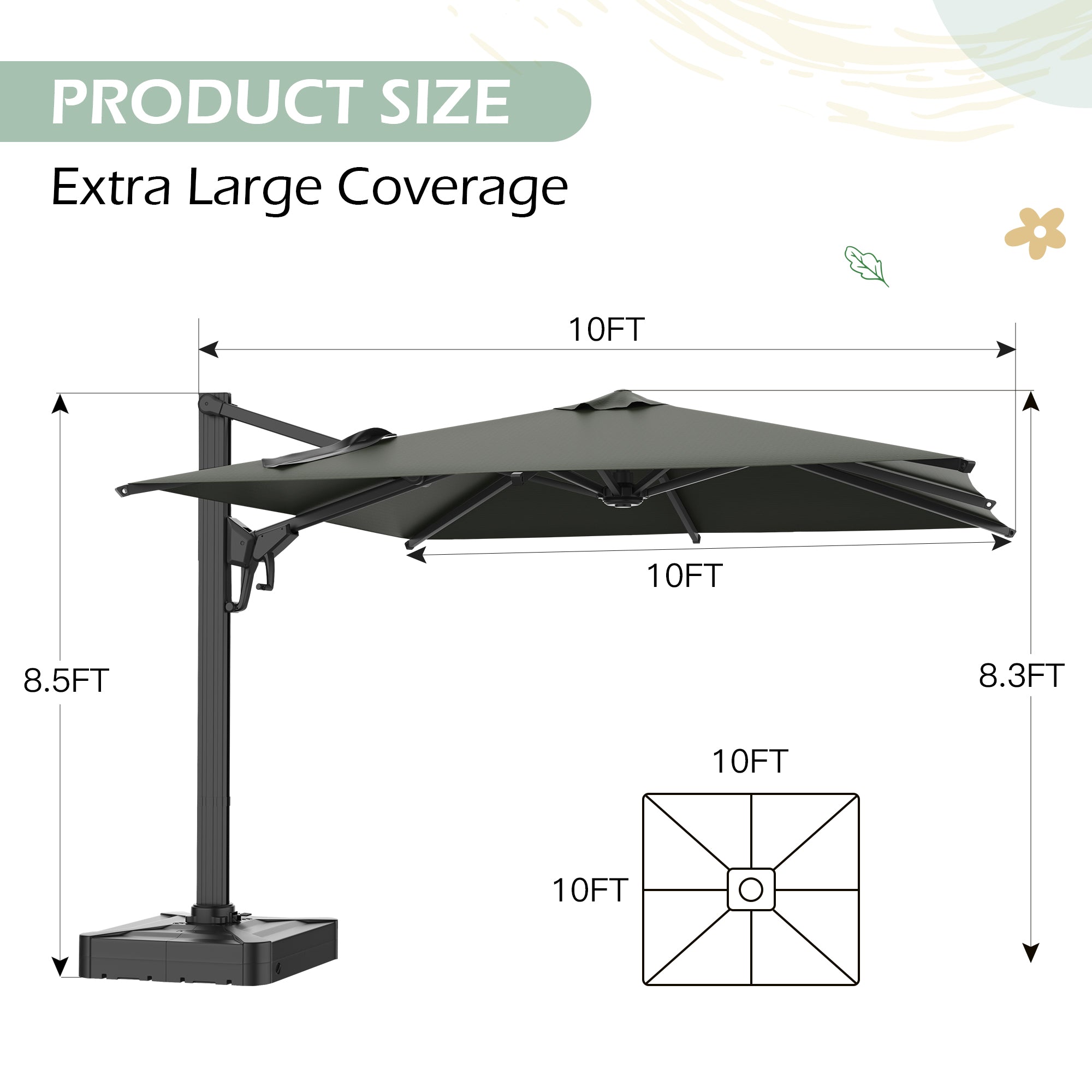 HOMREST 10x10ft Large Rectangular Cantilever Umbrella with 360° Rotation & 6 Adjustable Heights, Gray (Base Excluded)