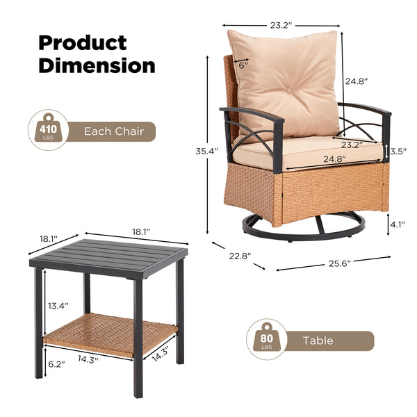 HOMREST 3-Piece Patio Swivel Rocker Set with Rattan Coffee Table, Beige