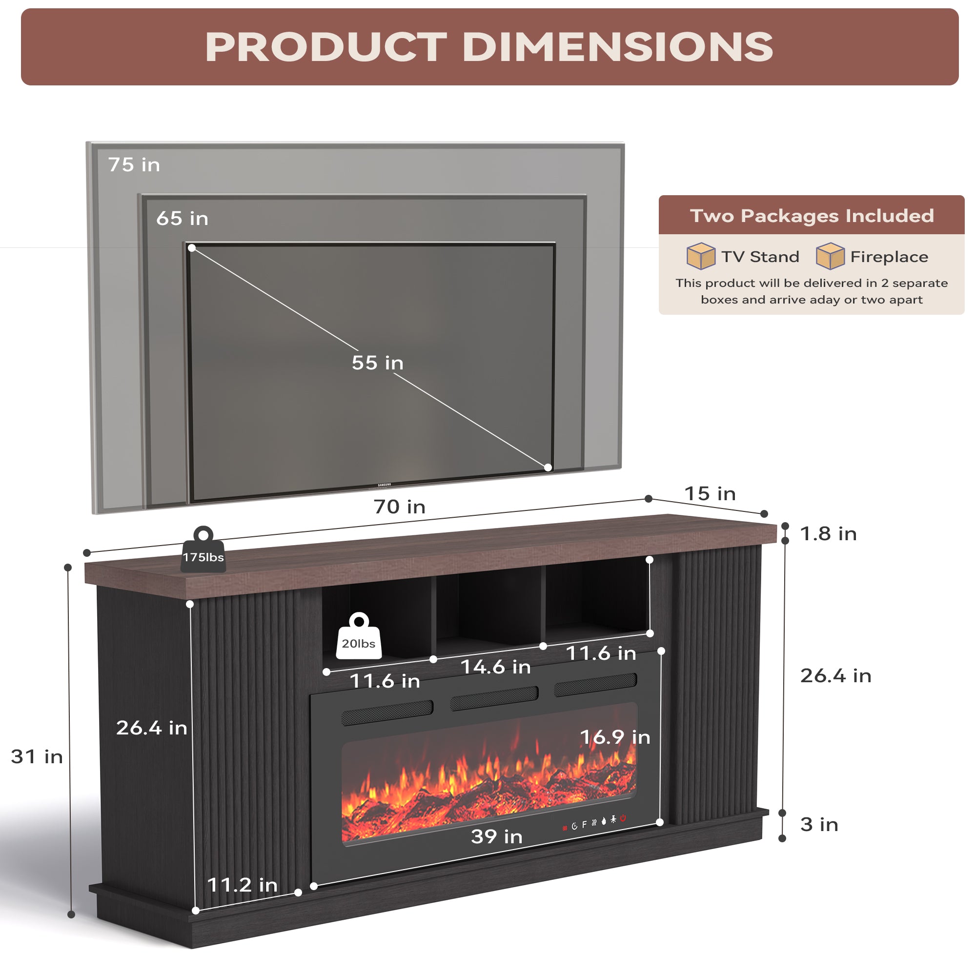 HOMREST 70" TV Stand with Electric Fireplace,Living Room Fireplace TV Stand, Dark Walnut Color