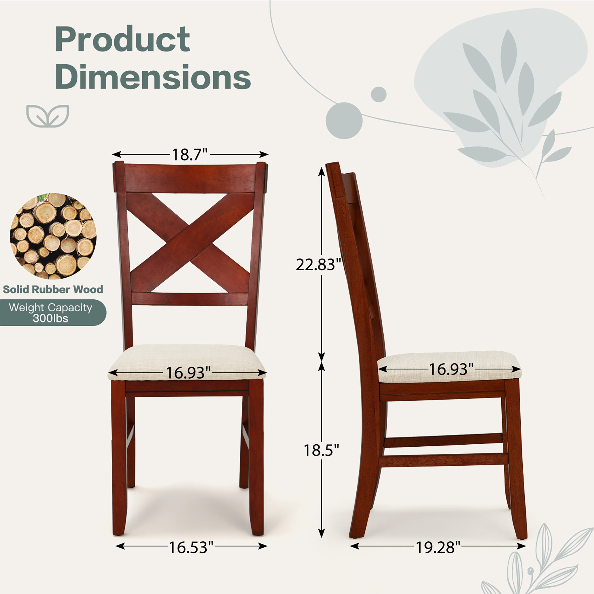 Rustic Farmhouse 19" Upholstered Barstool, Solid Wood Dining Chairs Set of 2 for Kitchen and Dining Room, Walnut