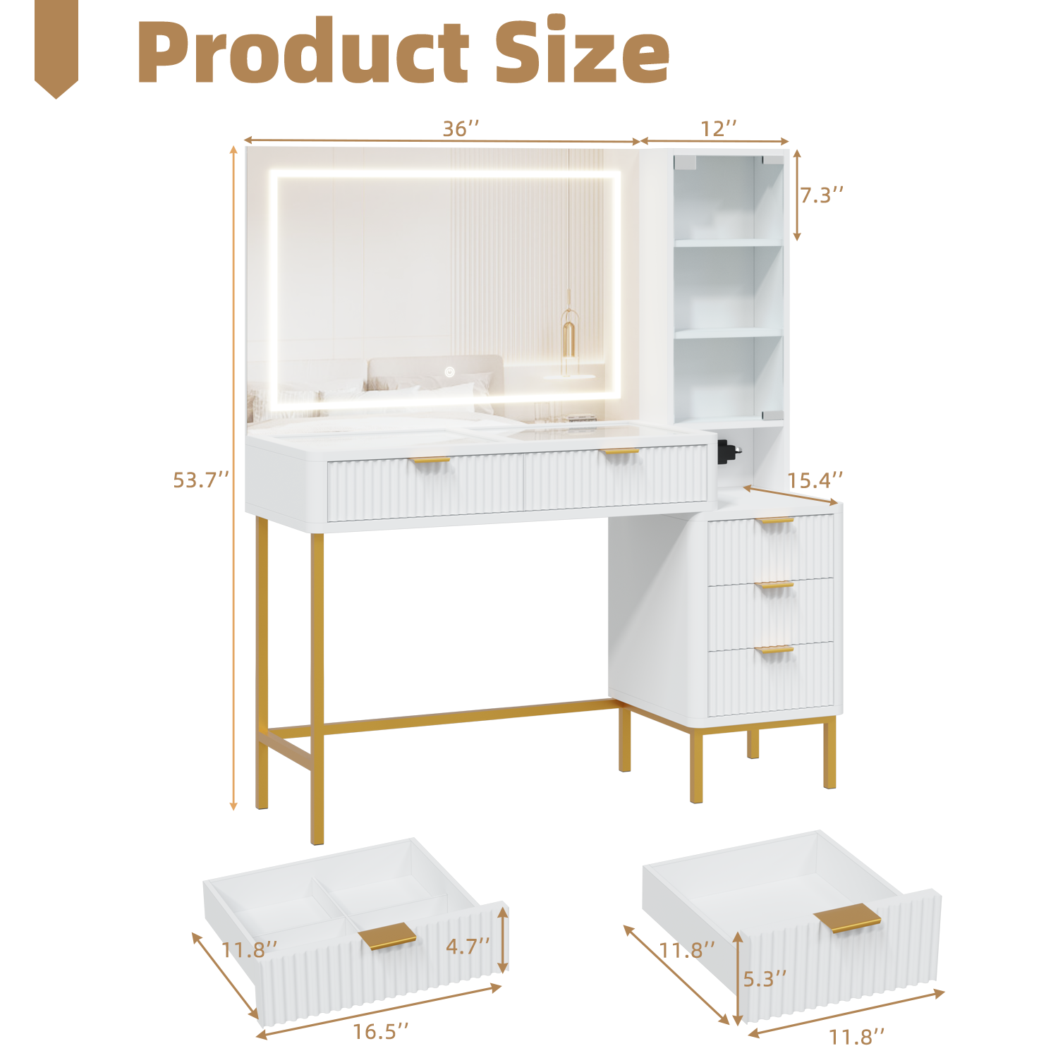 HOMREST Fluted Makeup Vanity Desk with Mirror, Lights,5 Drawers, 3 Storage Shelves and Charging Station, White Gold