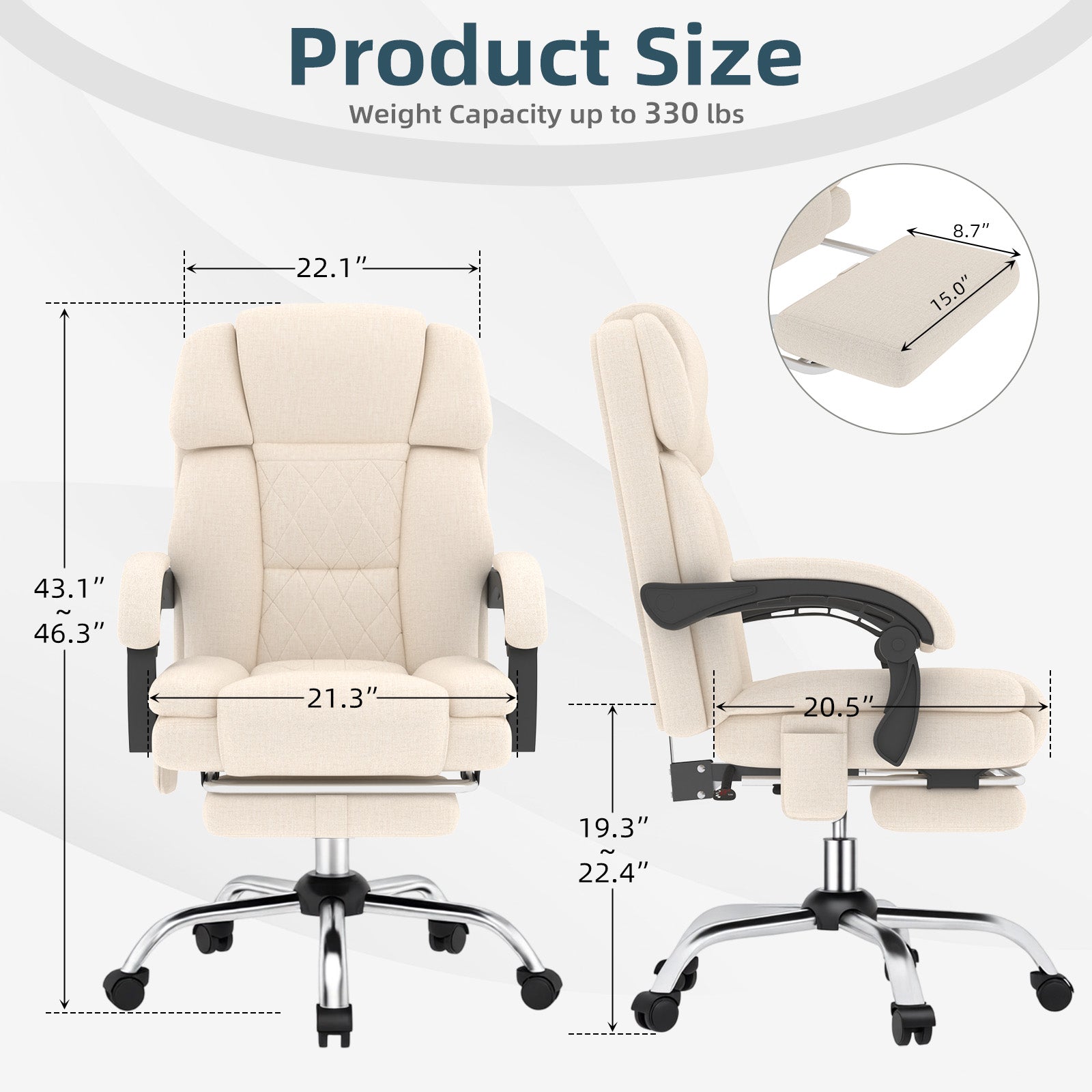 HOMREST 6-Point Massage Office Chair with Heat, Ergonomic Reclining Desk Chair with Footrest, Soft Chenille Fabric Executive Chairs for Home Office, Comfortable Computer Chair Gift for Women, Beige