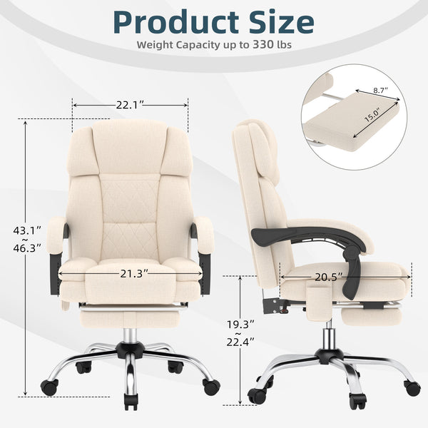 HOMREST 6-Point Massage Office Chair with Heat, Ergonomic Reclining Desk Chair with Footrest, Soft Chenille Fabric Executive Chairs for Home Office, Comfortable Computer Chair Gift for Women, Beige