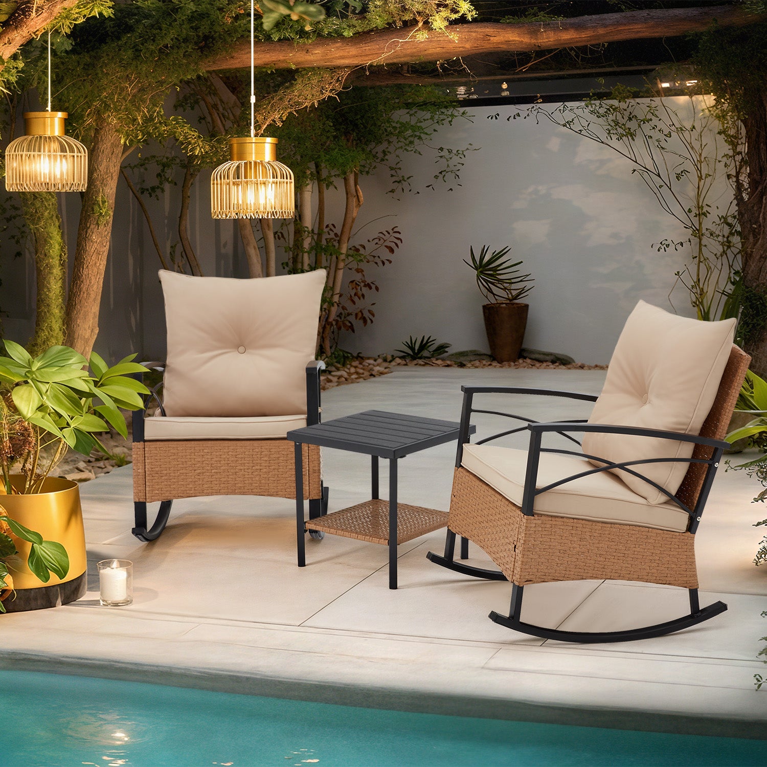 HOMREST 3-Piece Bistro Set: Outdoor Rattan Rocking Chairs with Cushions and Coffee Table