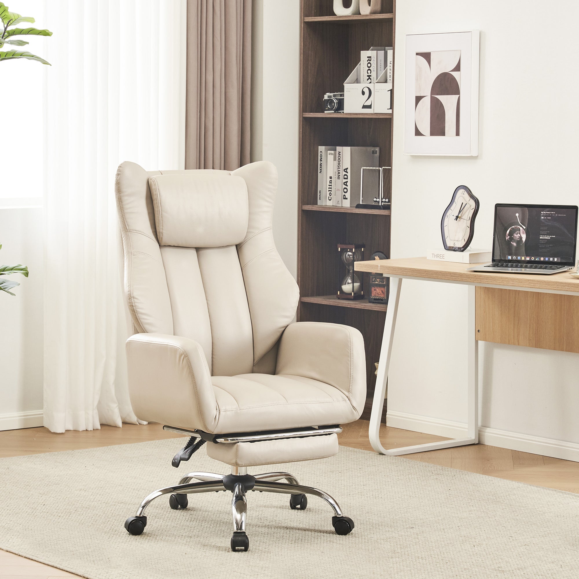 HOMREST Ergonomic Home Office Chair with Flip-Up Armrests, 135° Reclining Computer Desk Chair, Nappa PU Leather, Beige