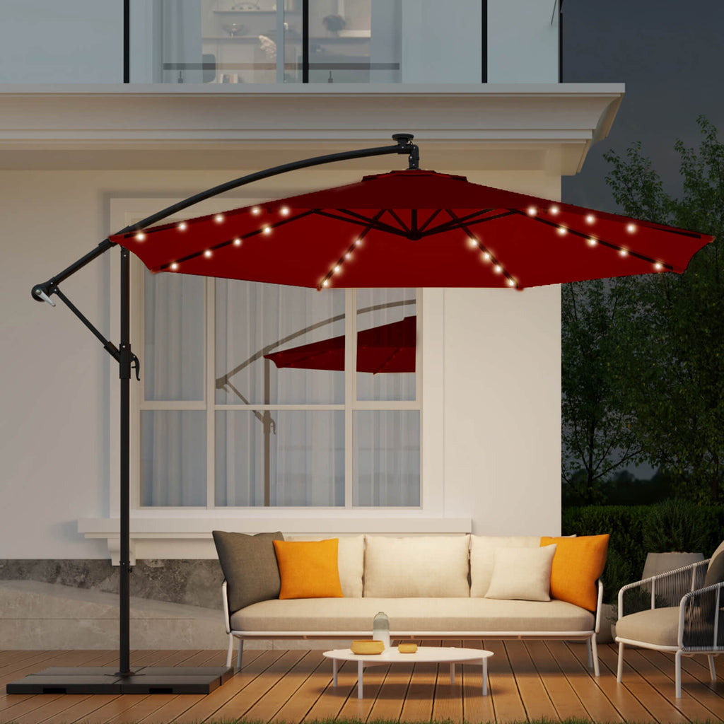 Homrest 10ft Solar Lighted Patio Umbrella, Infinite Tilt, Crank and Cross Base, Burgundy