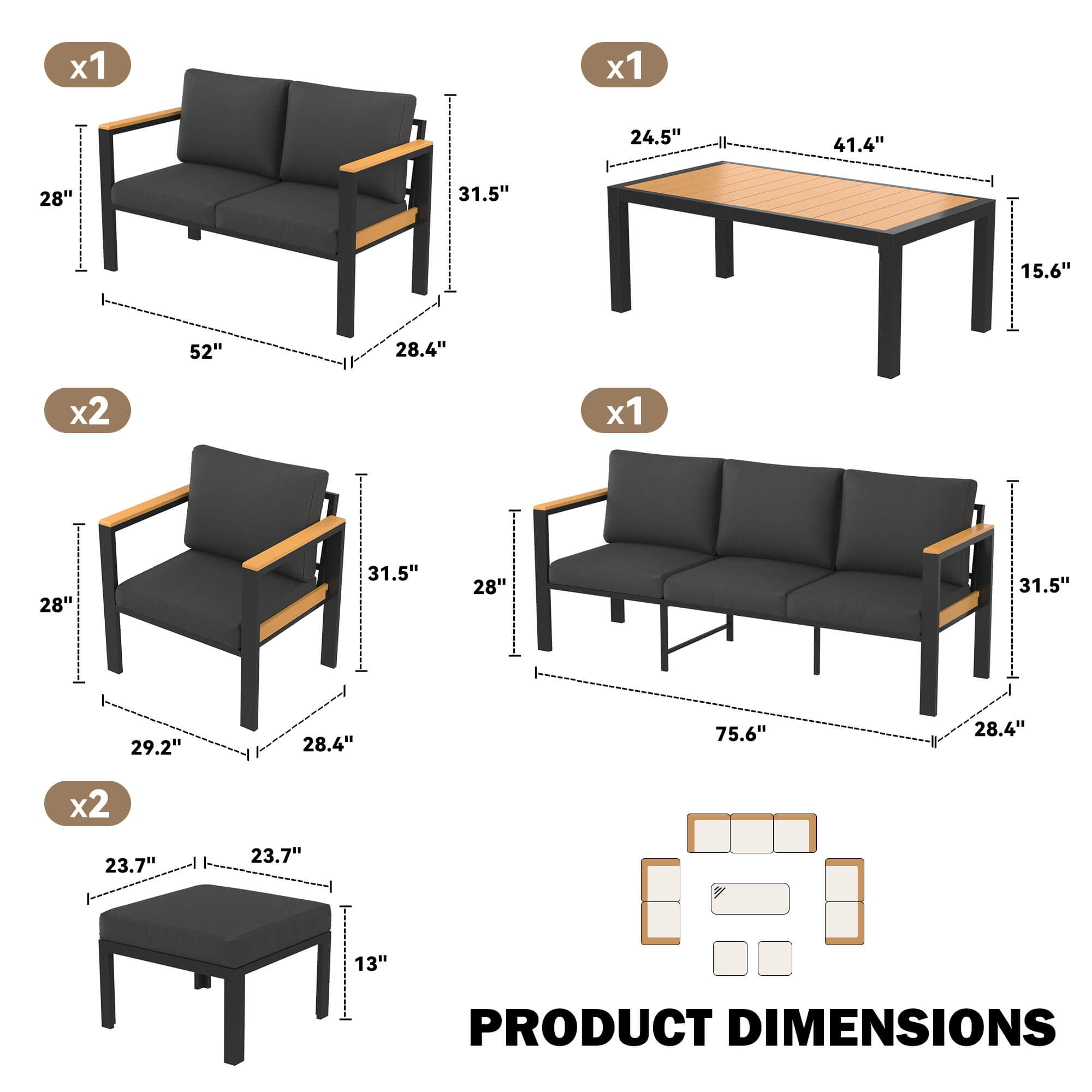 HOMREST 7 Piece Patio Furniture Set, Metal Patio Conversation Set with Coffee Table, All-Weather Outdoor Furniture, Black
