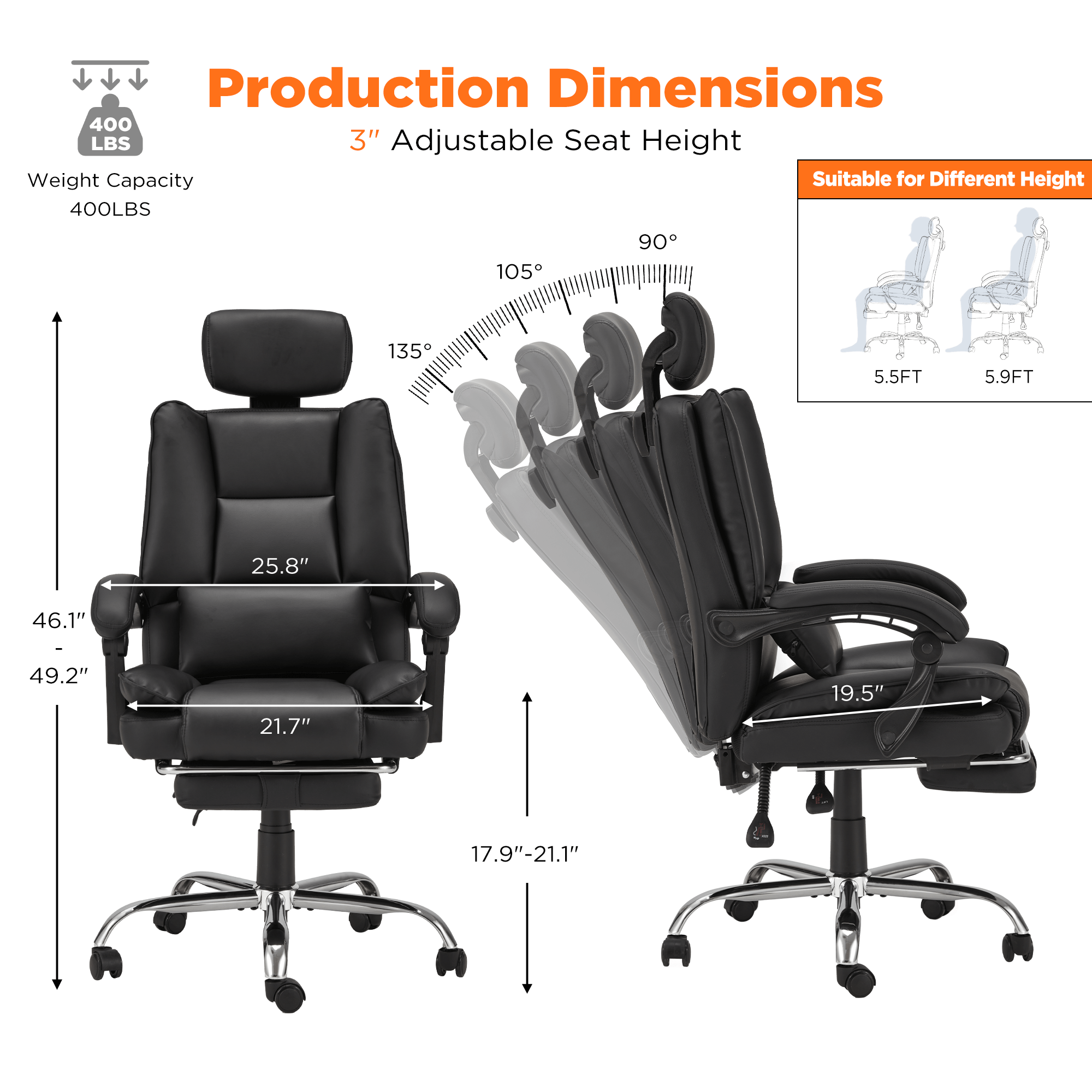 Executive Reclining Adjustable Headrest Office Chair with Footrest Bla