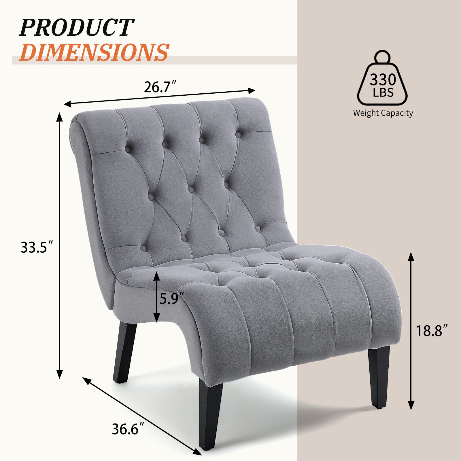 HOMREST Armless Accent Chair, Upholstered Button Tufted Living Room Chairs with Wood Legs, Comfy Frosted Velvet Lounge Chair Reading Chair for Bedroom, Grey