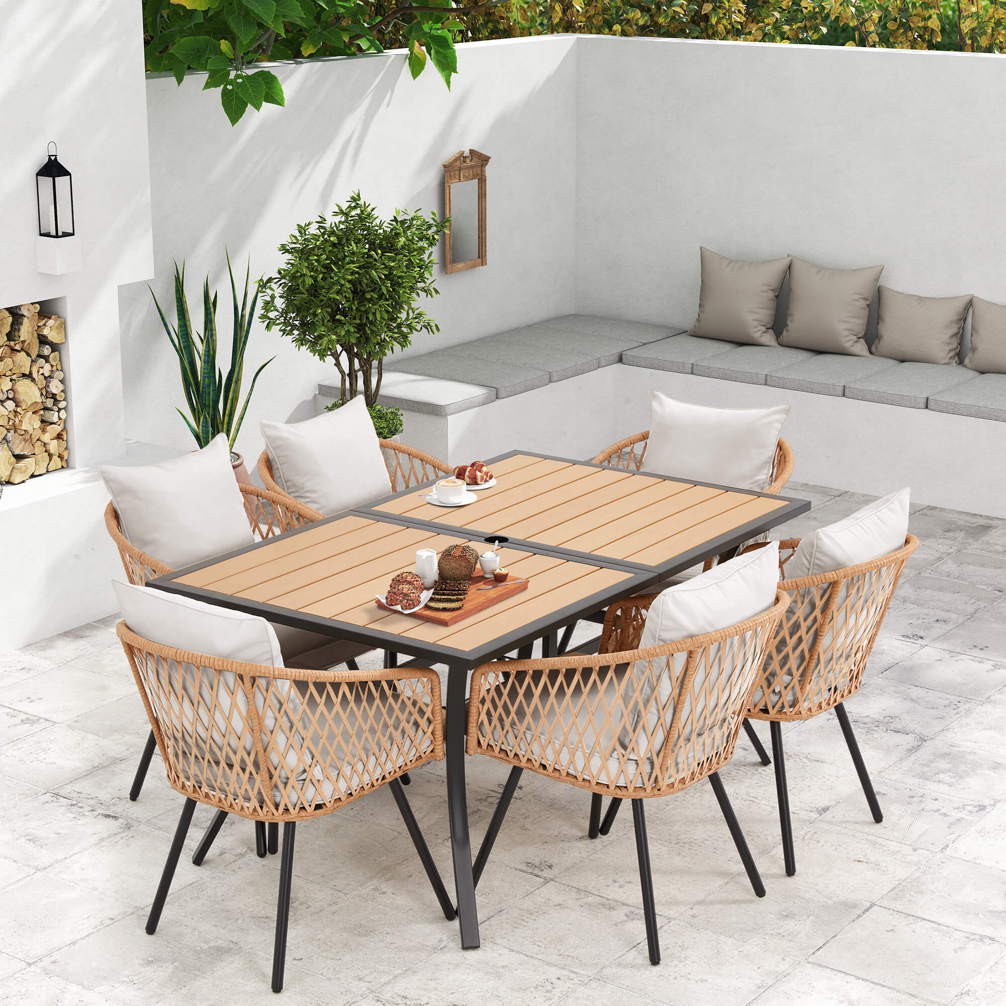 HOMREST 7-Piece Outdoor Dining Set – Rectangular Table with Umbrella Hole & 6 Rattan Chairs, Gray
