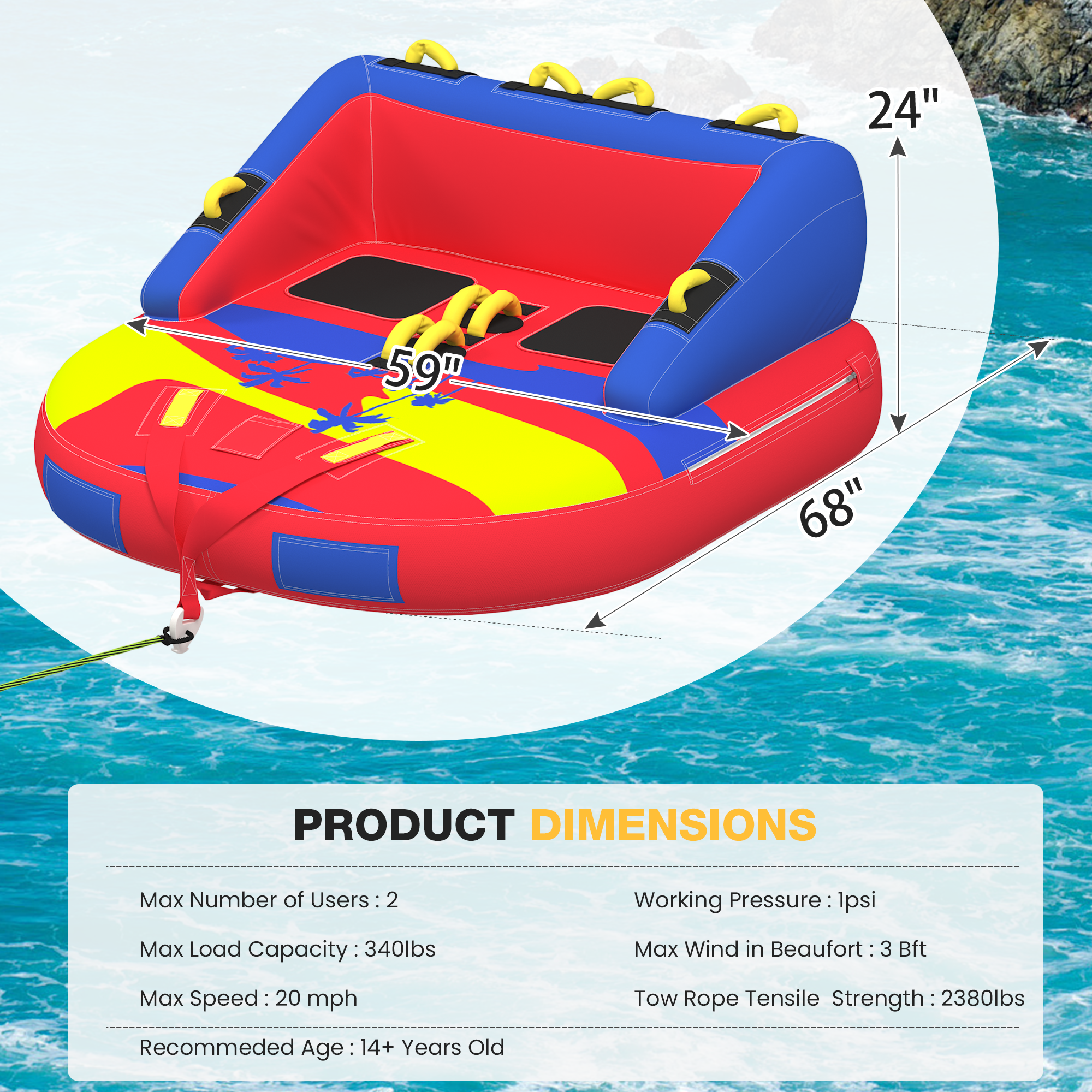 HOMREST 2-Person Towable Tubes for Boating with Towable Rope, Couch Reversible Boat Tube, Padded Bolster Guard Handles & Quick-Connect Tow Point