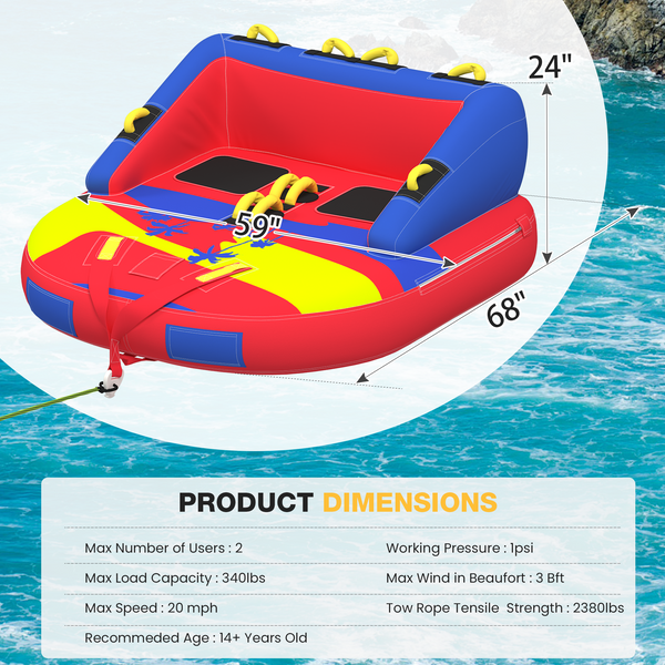 HOMREST 2-Person Towable Tubes for Boating with Towable Rope, Couch Reversible Boat Tube, Padded Bolster Guard Handles & Quick-Connect Tow Point