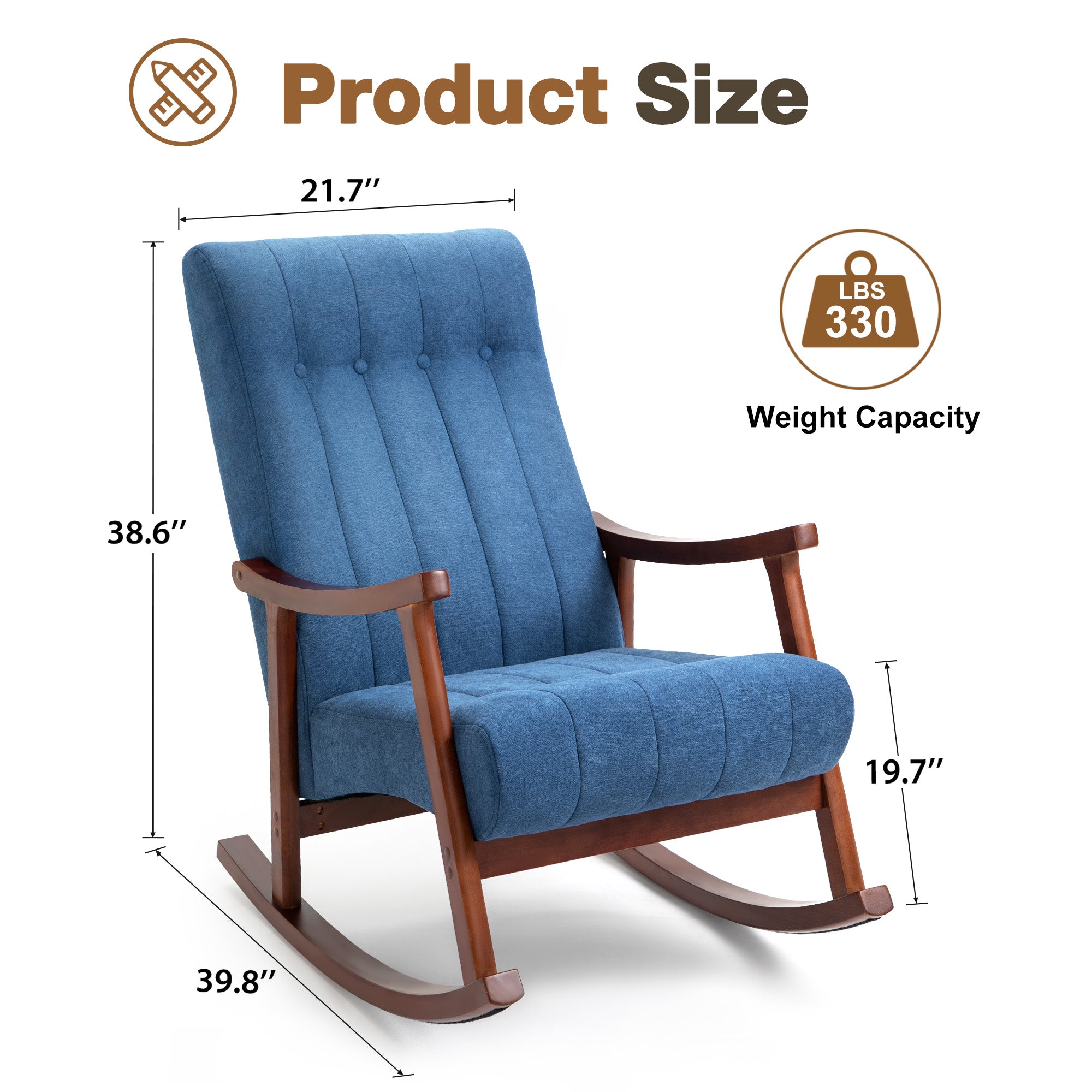 HOMREST Upholstered Rocking Chair with Fabric Padded Seat, Comfortable Rocker Solid Wood for Living Room, Modern High Back Armchair for Adult, (Blue)