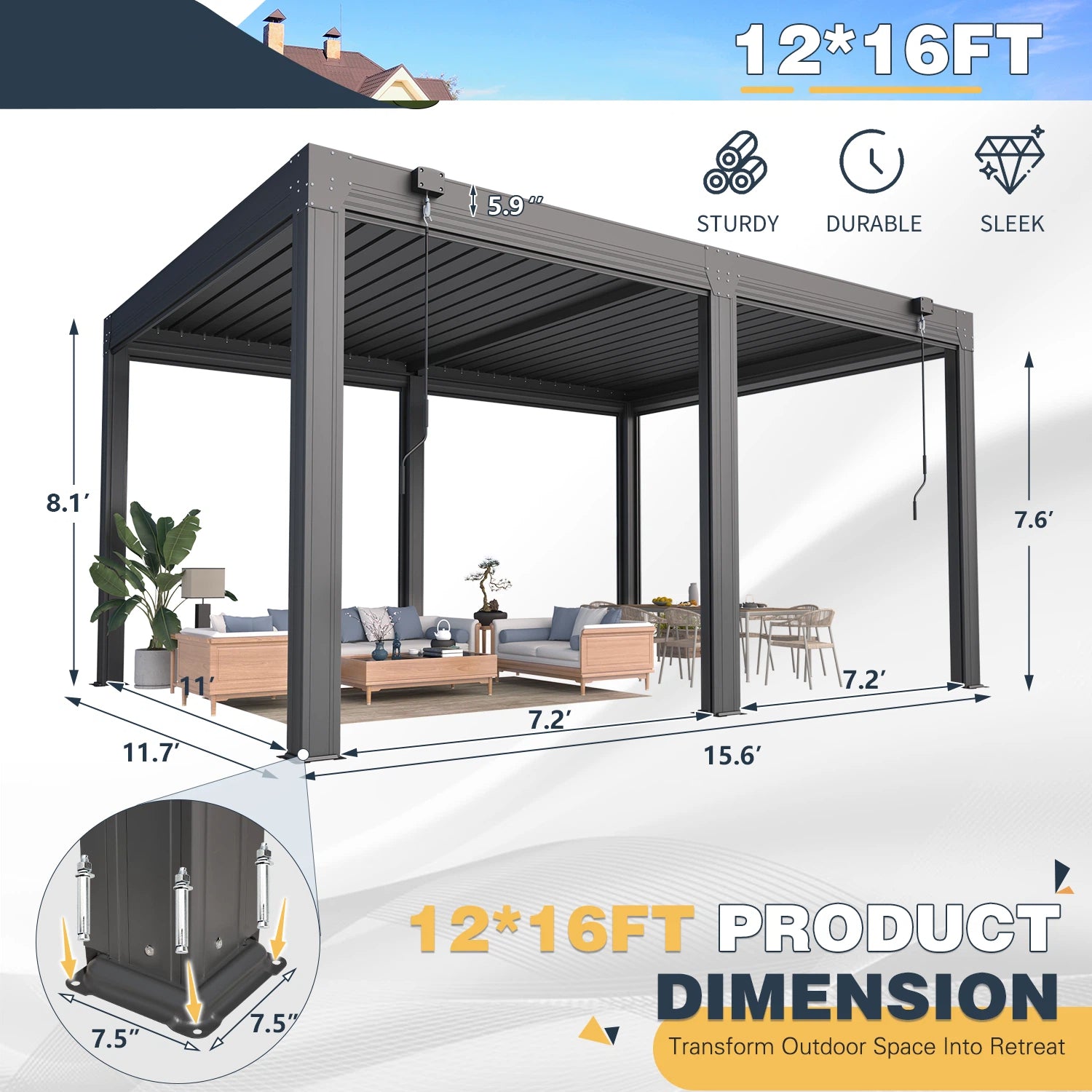HOMREST 12x16 Louvered Pergola with Side Pull-Down Screen, Outdoor Aluminum Pergola with Thickened Frame and Adjustable Metal Rainproof Roof for Deck Patio Garden Yard, Black-Gray