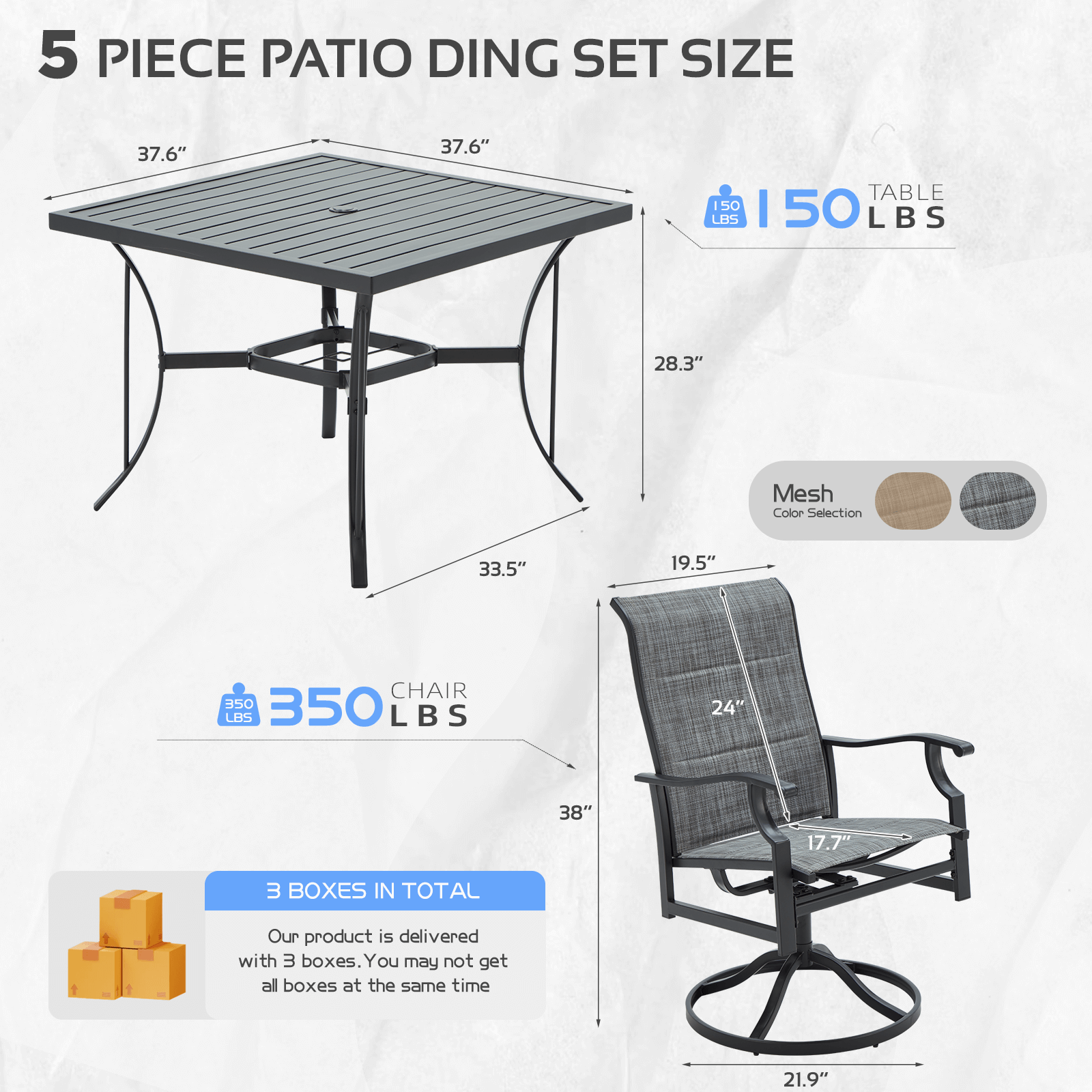 HOMREST 5-Piece Patio Furniture Set Outdoor Dining Table & Chairs with Umbrella Hole, 360° Swivel Rocking Chair, Gray