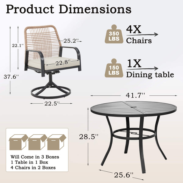 HOMREST 5-Piece Outdoor Dining Set, 4 Swivel Rattan Chairs with Thick Removable Cushions, Round Dining Table with Umbrella Hole