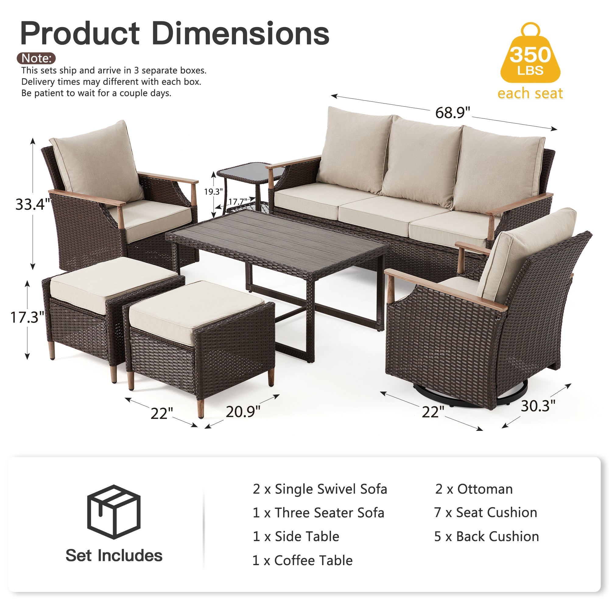 HOMREST 7-Piece Outdoor Wicker Patio Set with Swivel Chairs, Ottoman & Coffee Table, Beige