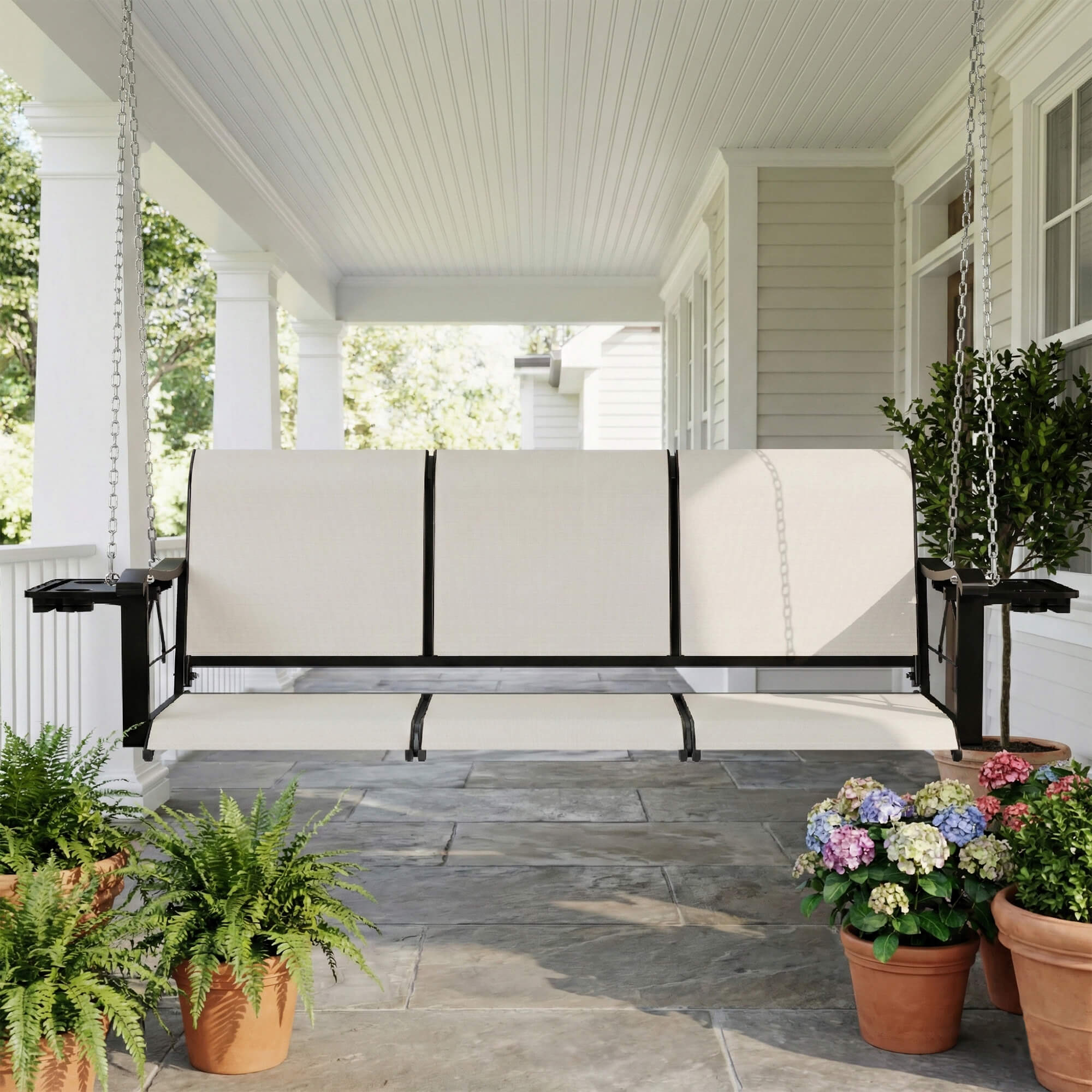 HOMREST Textilene 3 Seat Porch Swing with Cup Holder, 5.3FT Patio Hanging Swing Bench with with Hanging Chains, 700 LBS Capacity, Beige