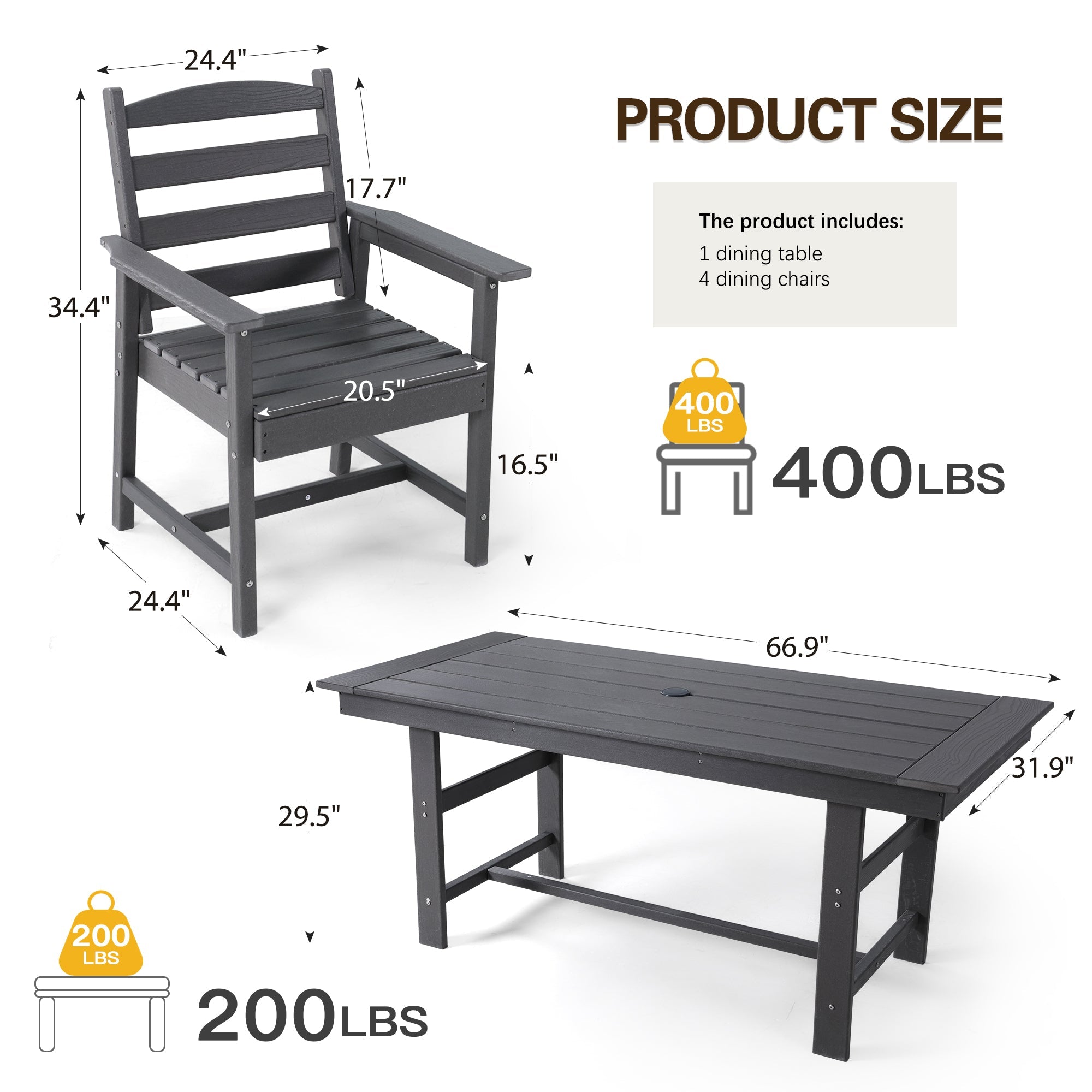 HOMREST Outdoor Table and Chairs for 4, HDPE Weather Resistant Outdoor Dining Set, Gray
