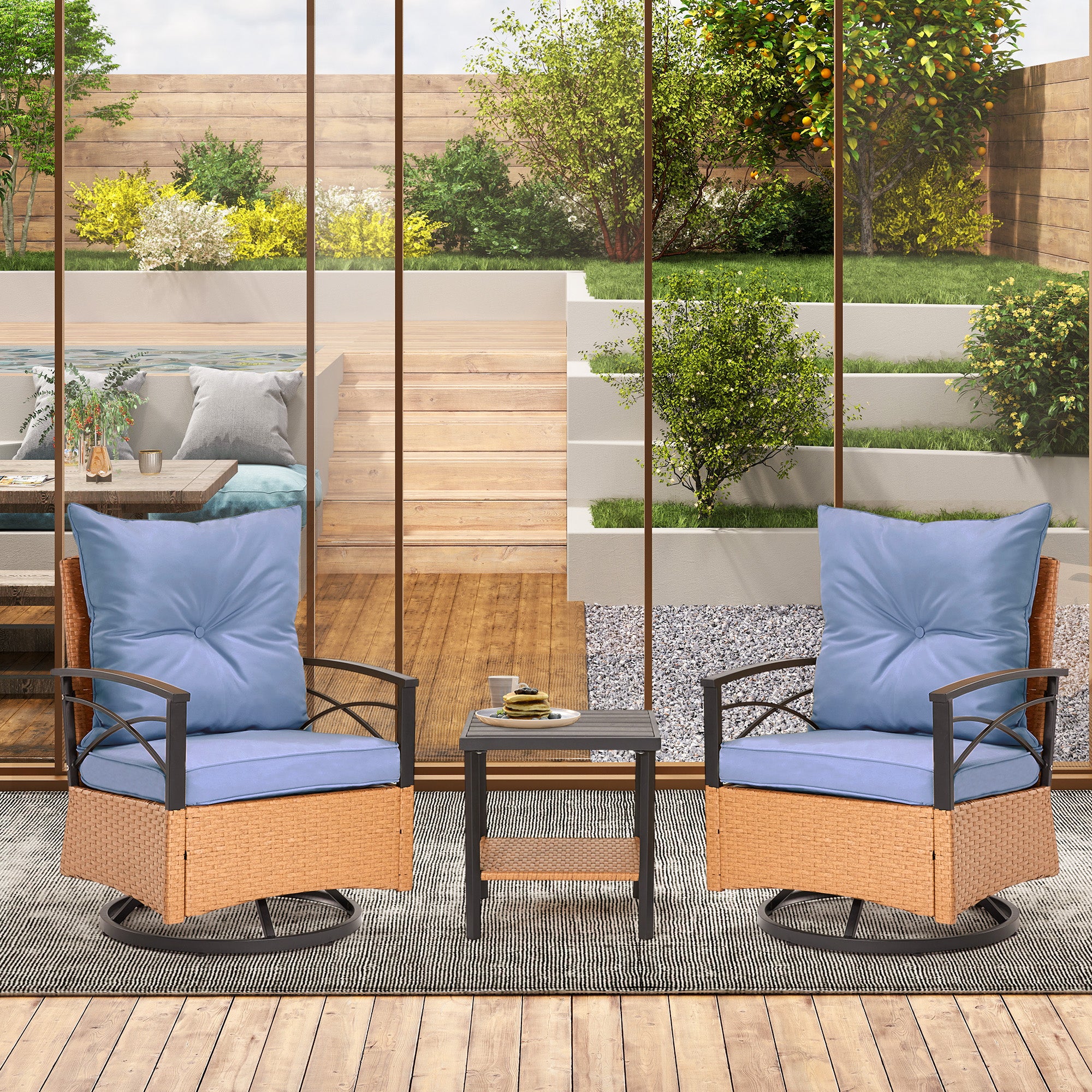 HOMREST 3-Piece Patio Swivel Rocker Set with Rattan Coffee Table, Blue
