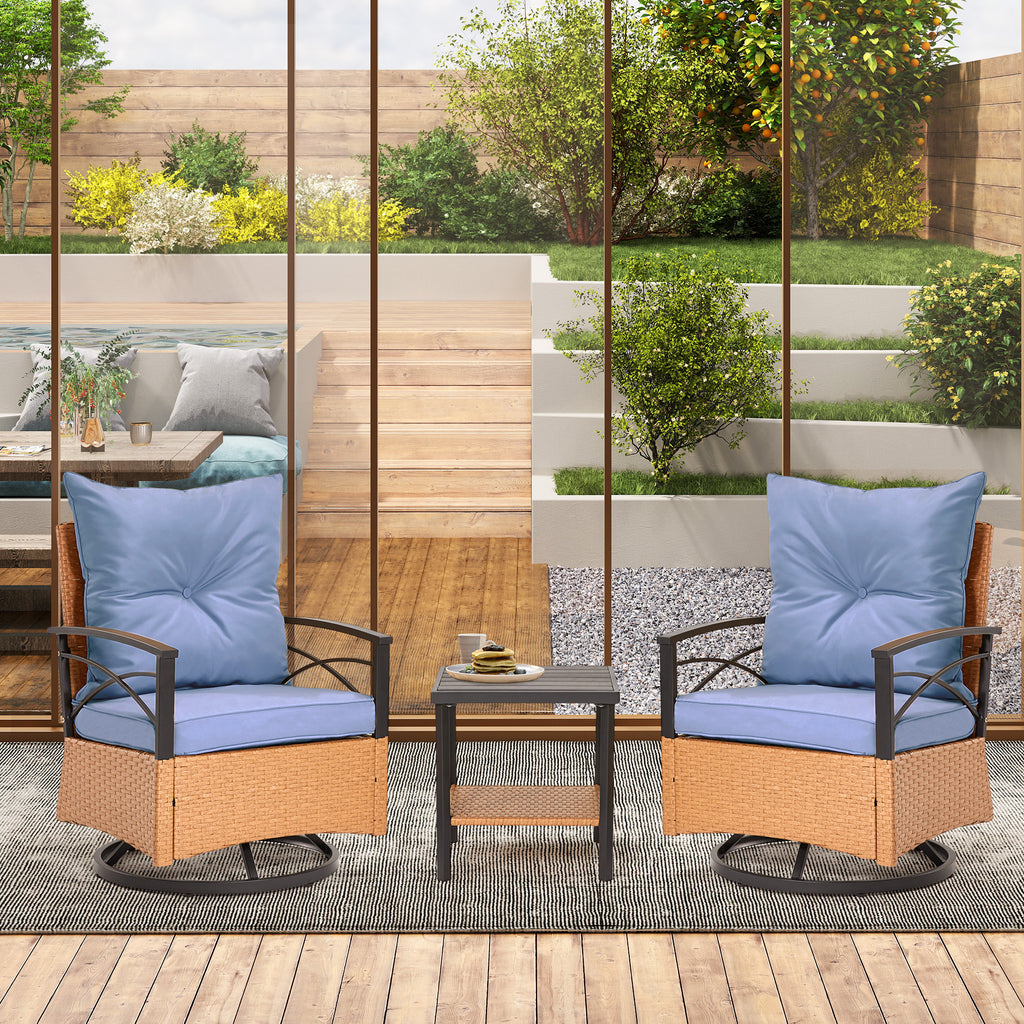 HOMREST 3-Piece Patio Swivel Rocker Set with Rattan Coffee Table, Blue