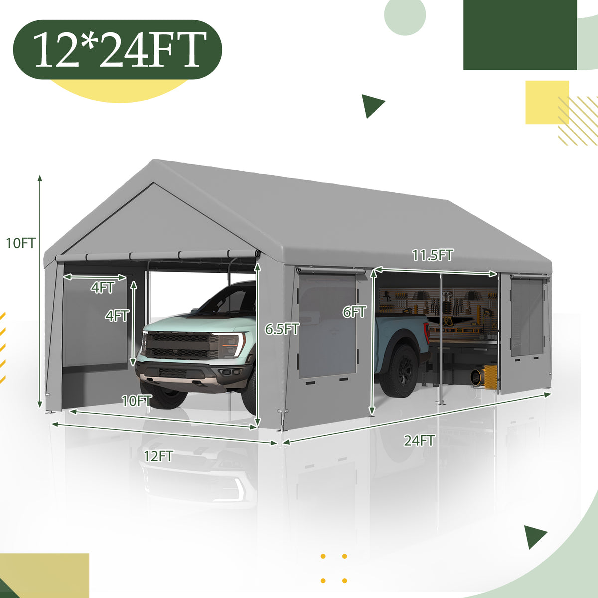 HOMREST Carport, 12 x 24 FT Heavy Duty Carport with Roll-Up Windows, Portable Garage with Removable Sidewalls, Car Canopy with Sandbags and All-Season Tarp for Tractor, Truck, Gray