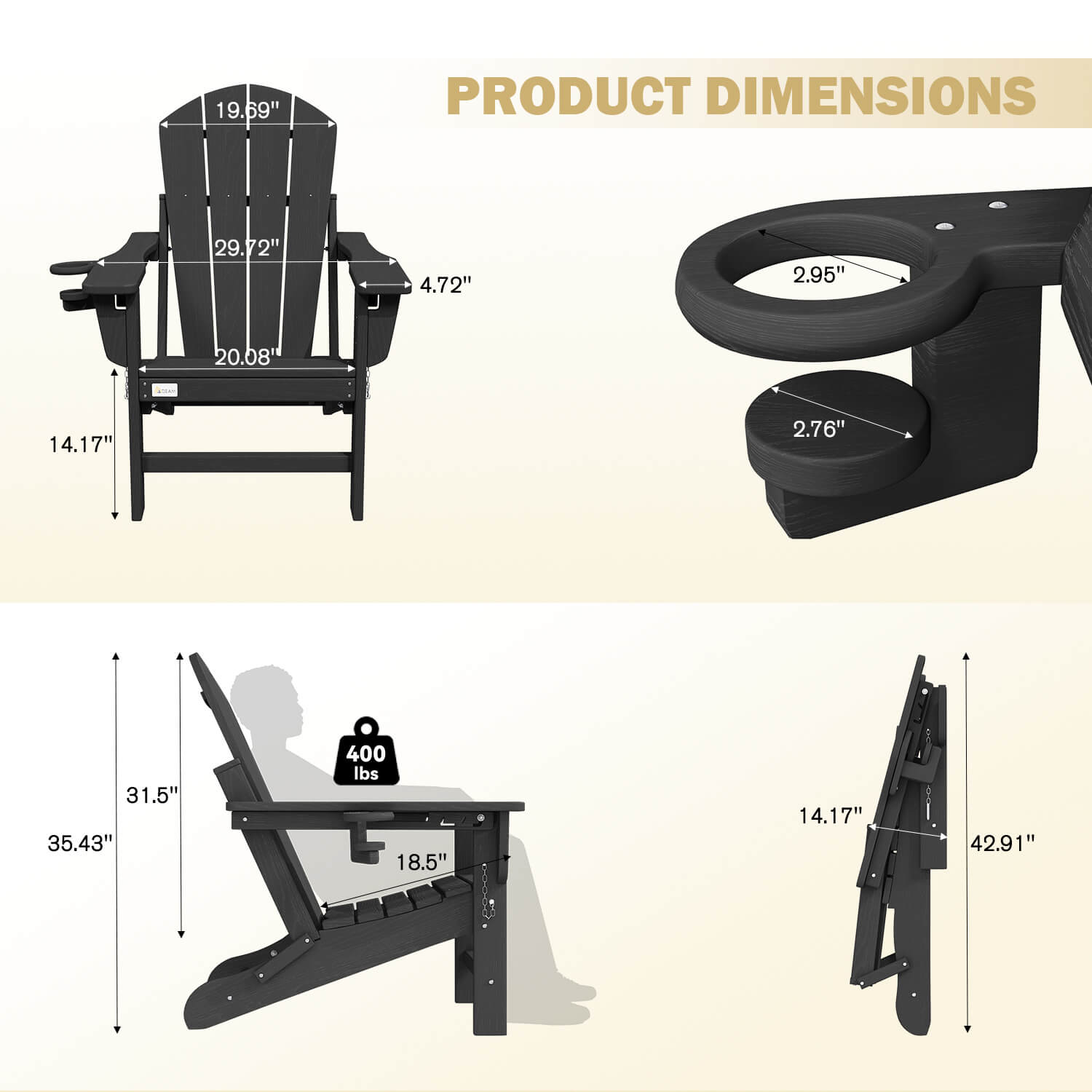 HOMREST 3-Position Adjustable Adirondack Chair, 400LBS HDPE Folding Outdoor Chair with Cup Holder, Black