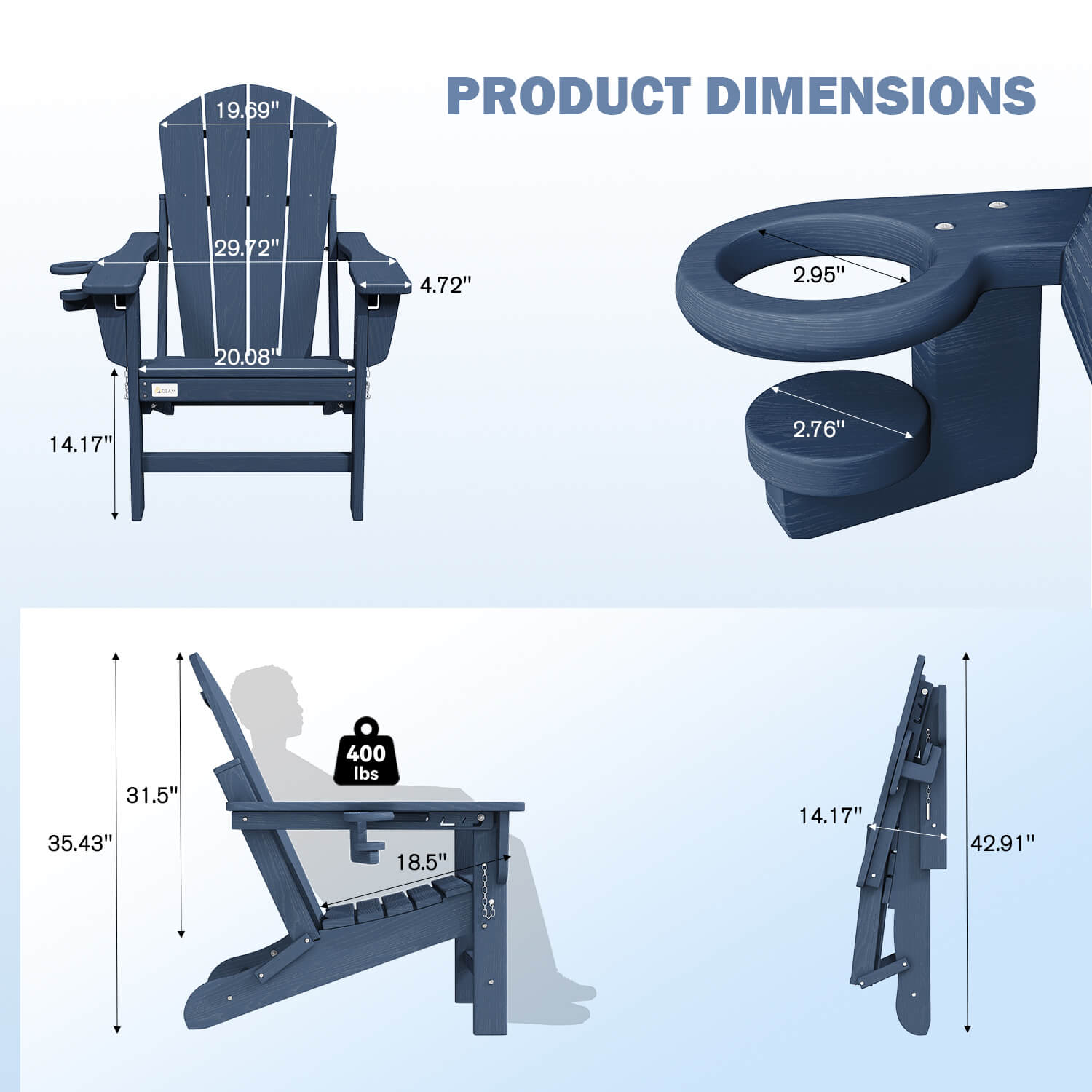 HOMREST 3-Position Adjustable Adirondack Chairs Set of 2, 400LBS HDPE Folding Outdoor Chairs with Cup Holder, Navy Blue