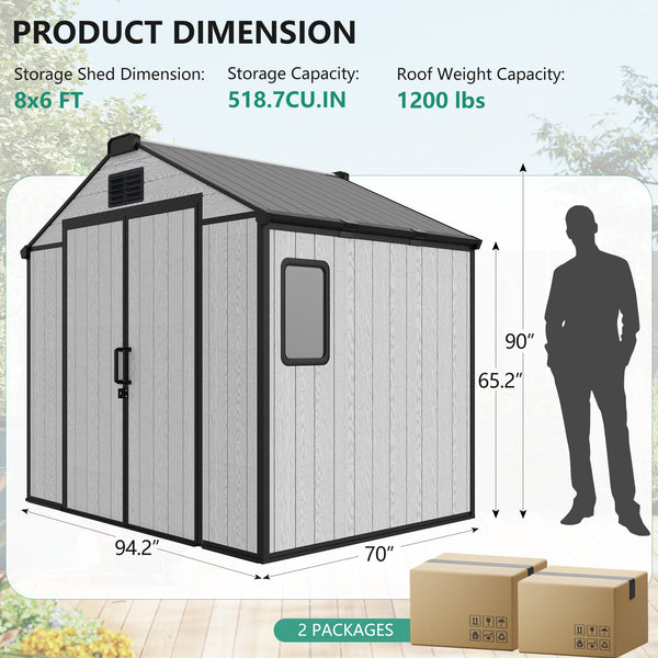 HOMREST 8x6 FT Outdoor Storage Shed, Heavy Duty with Floor & Air Vent for Bikes, Tools, Lawnmowers